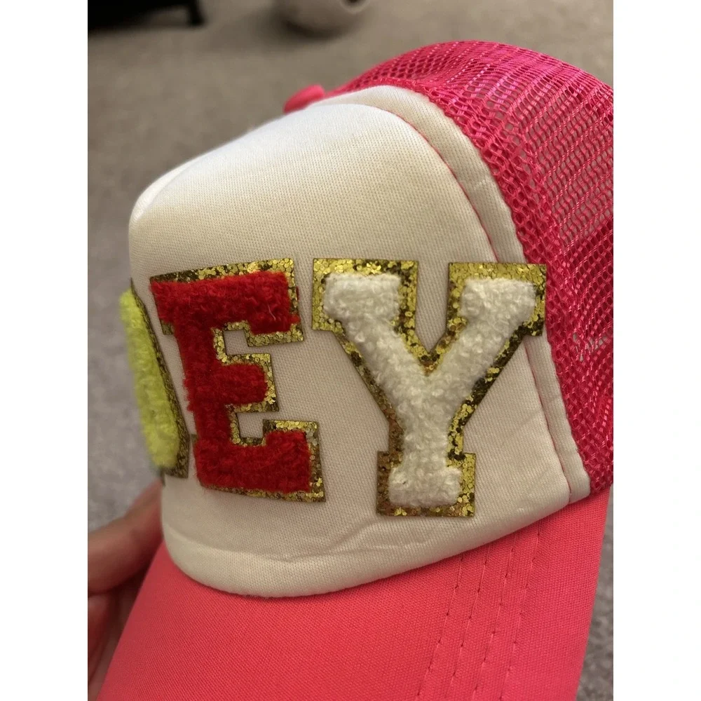 Y2K Vintage Trucker Hat Girls OS Pink Excellent Zoey Chenille Glitter Patch Mesh